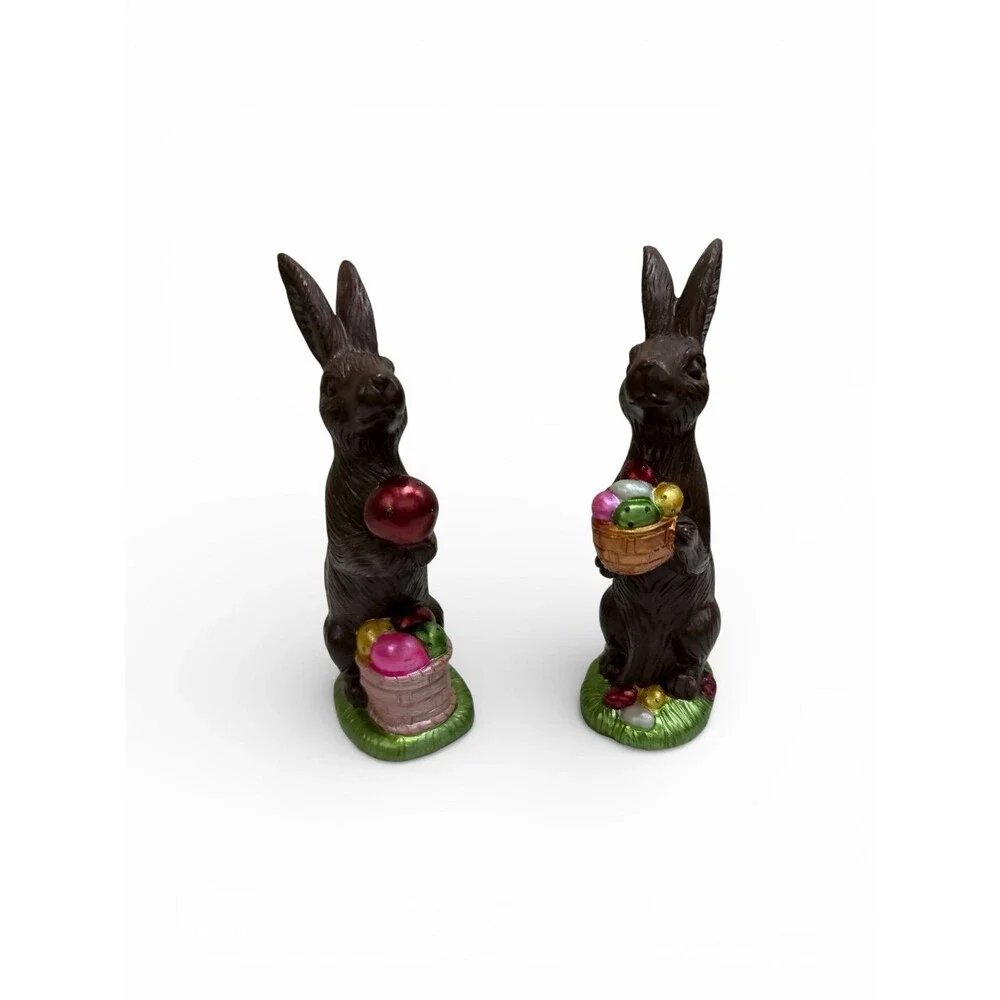 Set of 2 Easter Bunny Figurines Holding Colorful Eggs Spring Decor Rabbit Statue